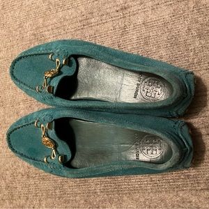 Tory Burch Teal Suede Loafers with Gold Accents